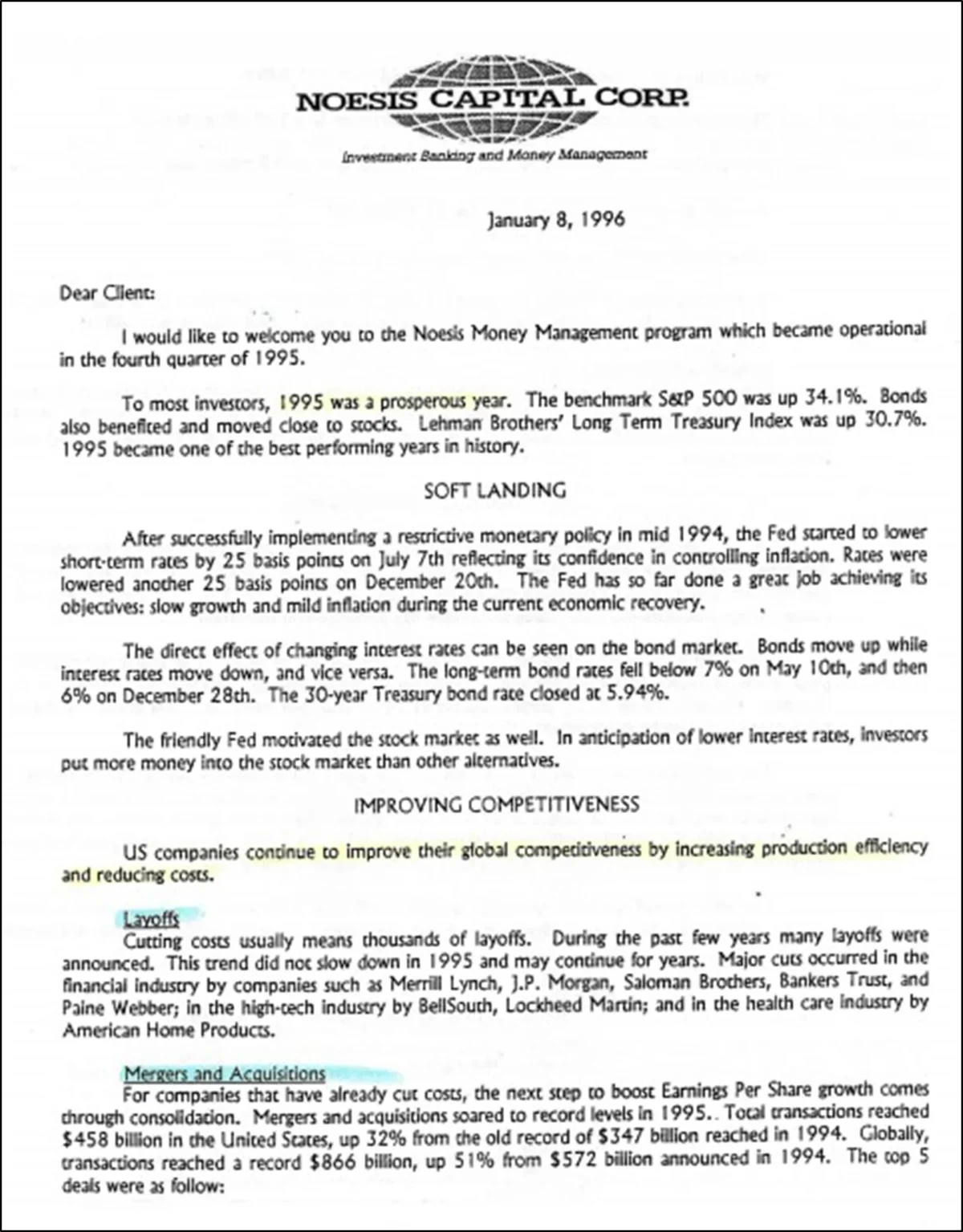 First Newsletter Noesis Capital 1996